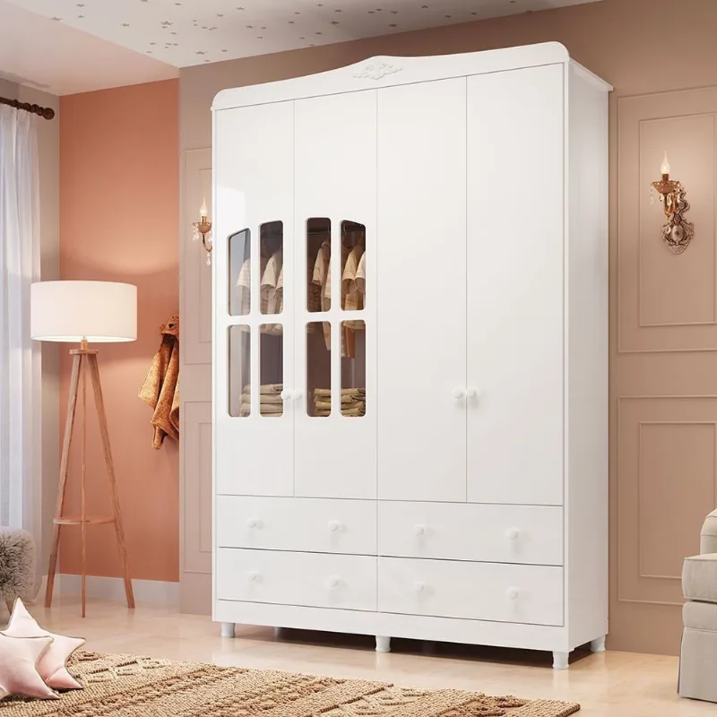 Guarda Roupa de Bebê 4 Portas com Janela 4 Gavetas Maya Clássico Espresso Móveis Branco/Brilho Branco Brilho