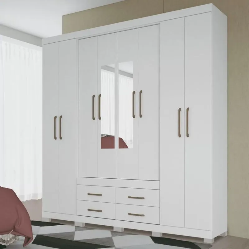 Guarda Roupa Casal 8 Portas 4 Gavetas Nápoles com Espelhos e Pés