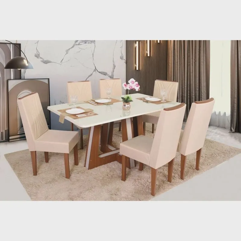 Conjunto Sala de Jantar Mesa Retangular Vitória com 6 Cadeiras Helena com Apliques