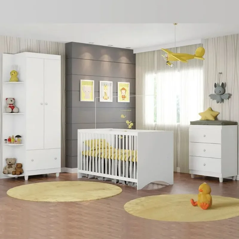 Conjunto para Quarto Infantil Berço, Cômoda 3 Gavetas e Guarda Roupa Mia Branco