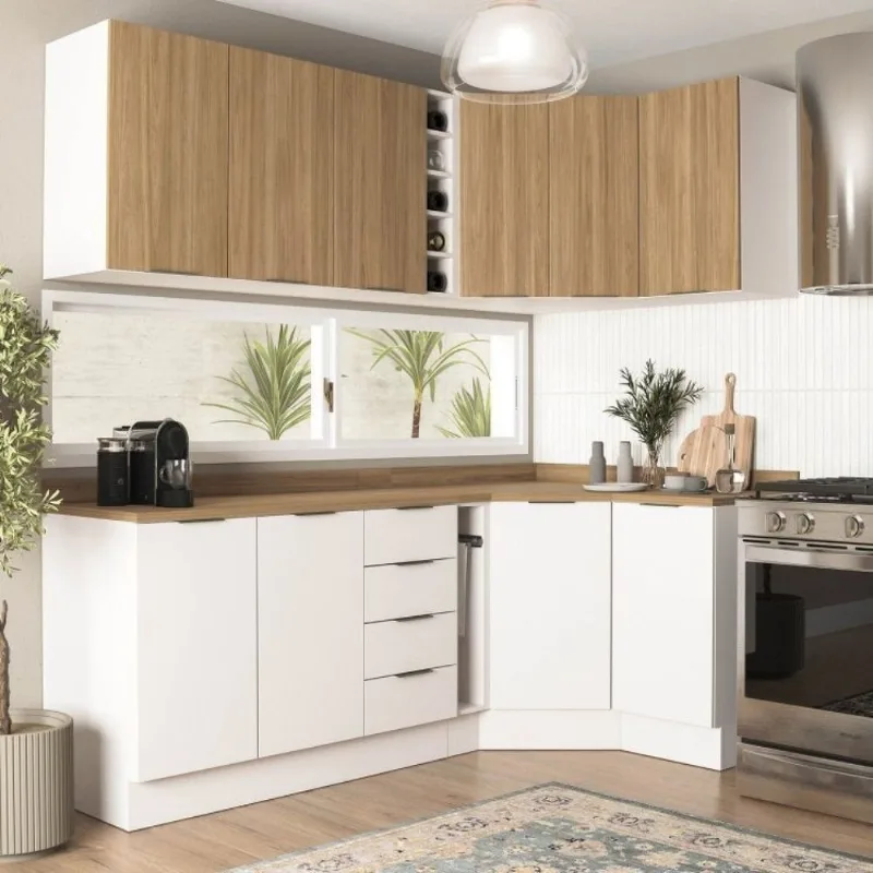 Cozinha Planejada 8 Peças 3 Aéreos 3 Balcões Adega e Toalheiro Ipanema CabeCasa MadeiraOriginals Acácia/Branco