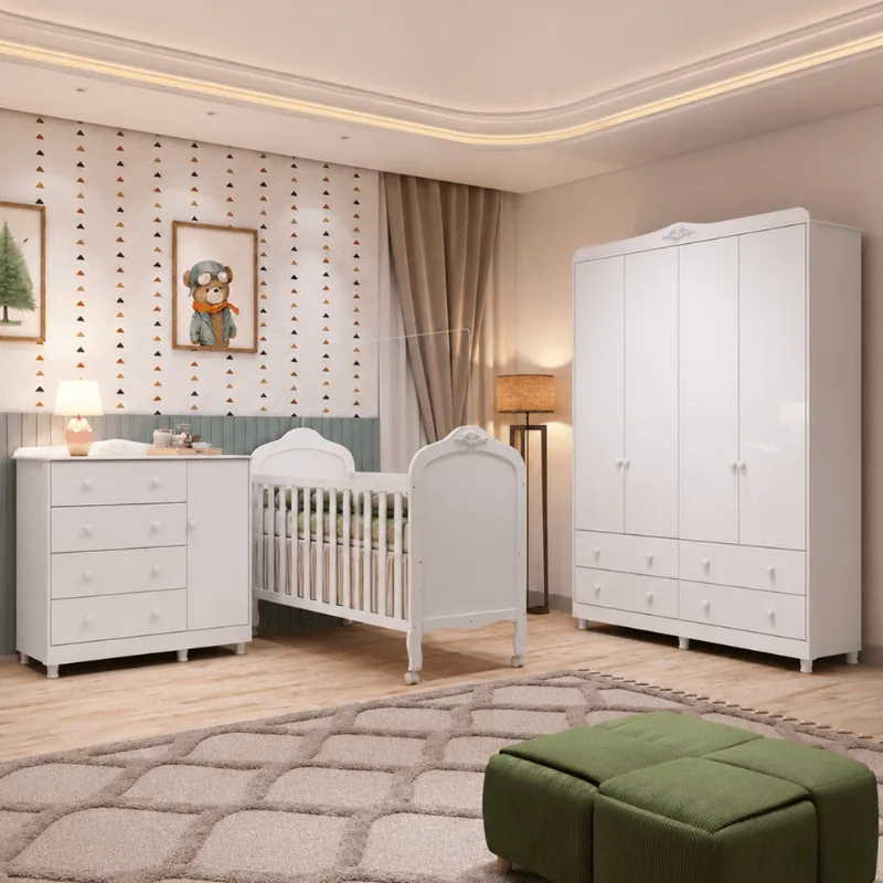 Quarto de Bebê Berço Guarda Roupa e Cômoda Maya Clássico Espresso Móveis Branco/Brilho Branco Brilho