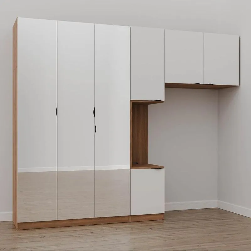 Guarda-Roupa Modulado Solteiro 7 Portas com Espelho e Mesa de Cabeceira Hera CabeCasa MadeiraMadeira Louro/Branco Geada/Preto