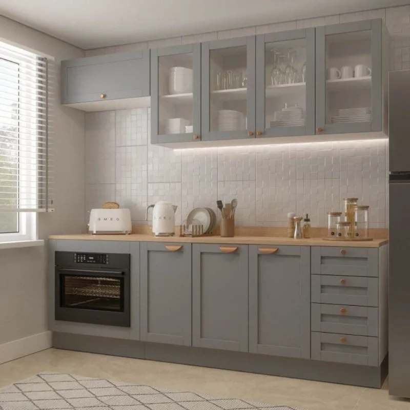 Cozinha Modulada 6 Peças 1 Tampo, Portas de Vidro e Balcão Arizona CabeCasa MadeiraOriginals Cinza/B Cinza/Branco