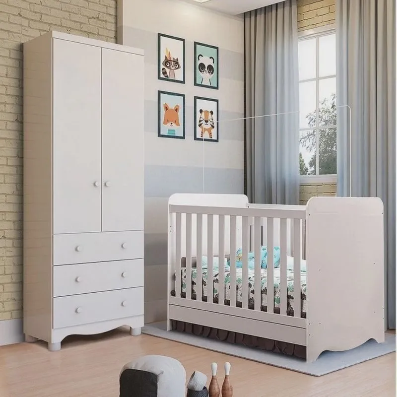 Quarto de Bebê com Guarda Roupa 2 Portas 3 Gavetas e Berço Mini Cama Cambalhota Espresso Móveis