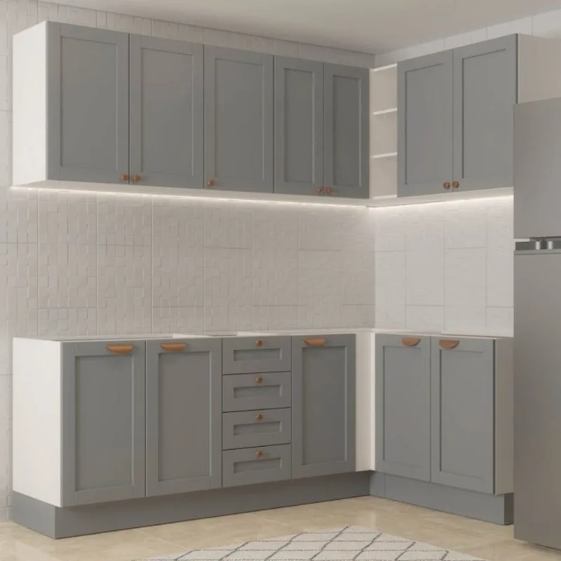 Cozinha Modulada 6 Peças sem Tampo 3 Armários Aéreos e Nichos, 3 Balcões CabeCasa MadeiraOrigina Cinza/Branco