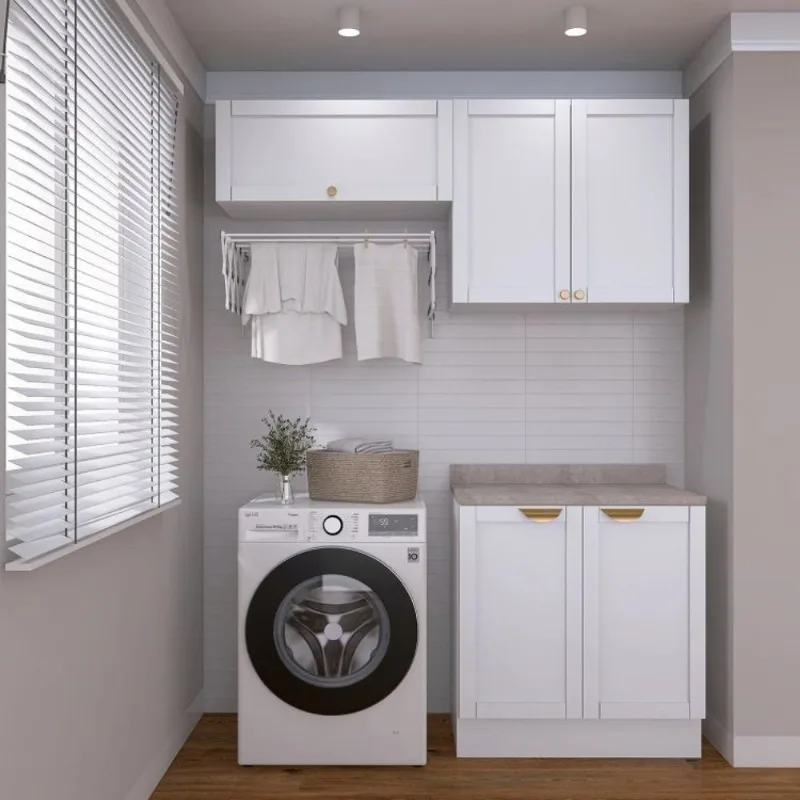 Lavanderia Modulada 3 Peças 2 Armários Aéreos 1 Balcão 2 Portas CabeCasa MadeiraOriginals Branco Branco