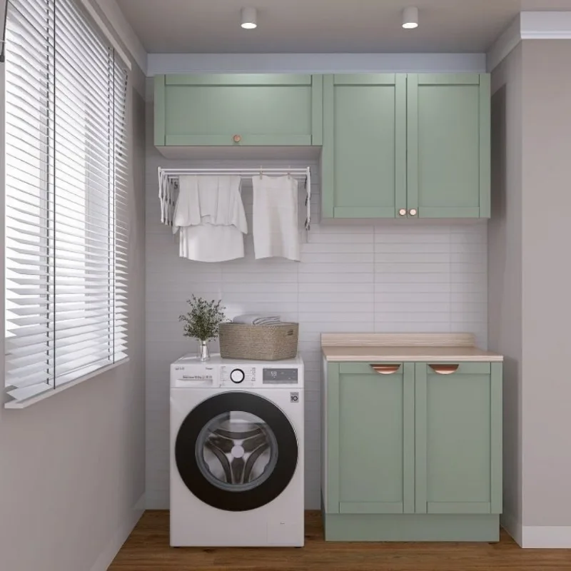 Lavanderia Planejada 3 Peças 2 Armários Aéreos 3 Portas 1 Balcão Arizona CabeCasa MadeiraOriginals Verde/Menta/Branco Menta/Branco