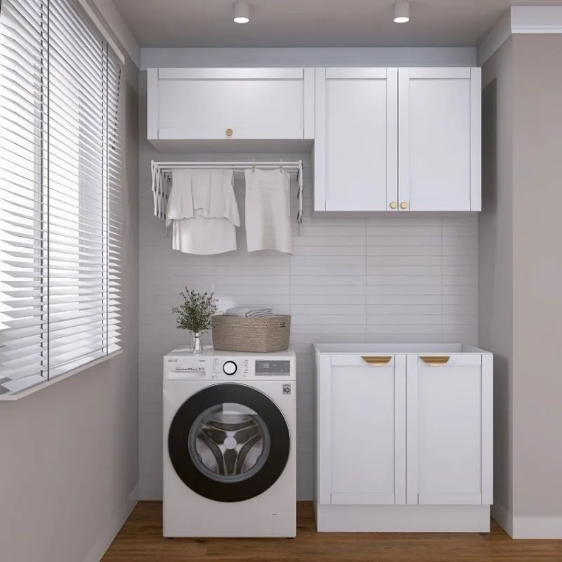 Lavanderia Modulada 3 Peças sem Tampo 2 Armários Aéreos 1 Balcão 2 Portas CabeCasa MadeiraOriginals Branco Branco