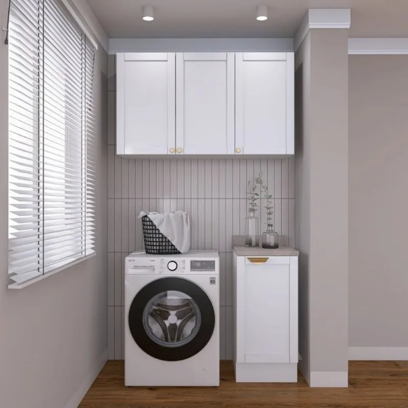 Lavanderia Modulada 2 Peças 1 Armário Aéreo 3 Portas 1 Balcão CabeCasa MadeiraOriginals Branco Branco