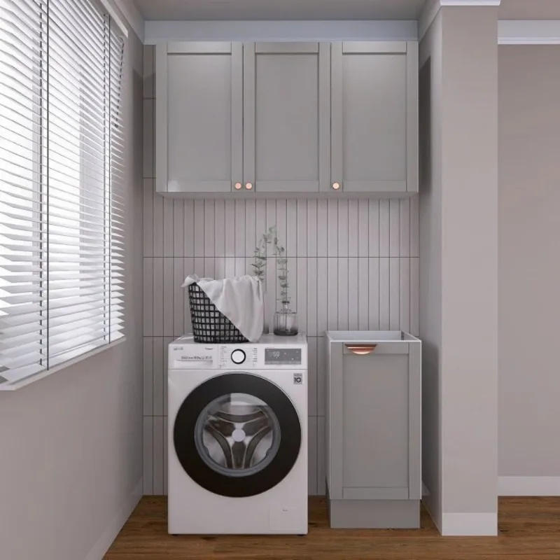 Lavanderia Modulada 2 Peças sem Tampo 1 Armário Aéreo 3 Portas 1 Balcão CabeCasa MadeiraOriginal Cinza/Branco