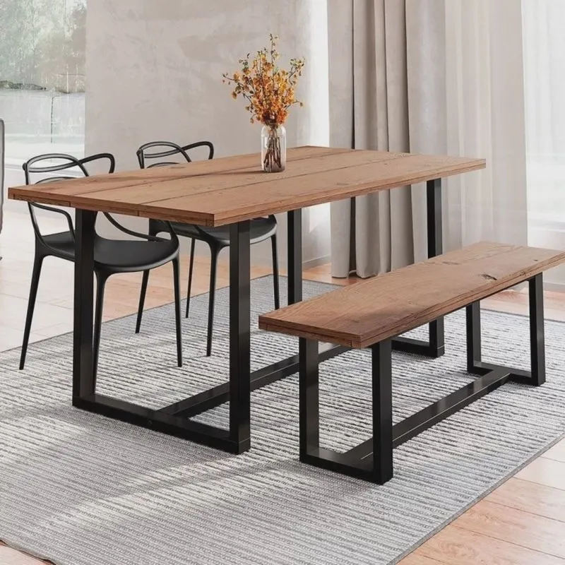 Conjunto Mesa de Jantar Rústica e Banco de Madeira Maciça com 2 Cadeiras Allegra
