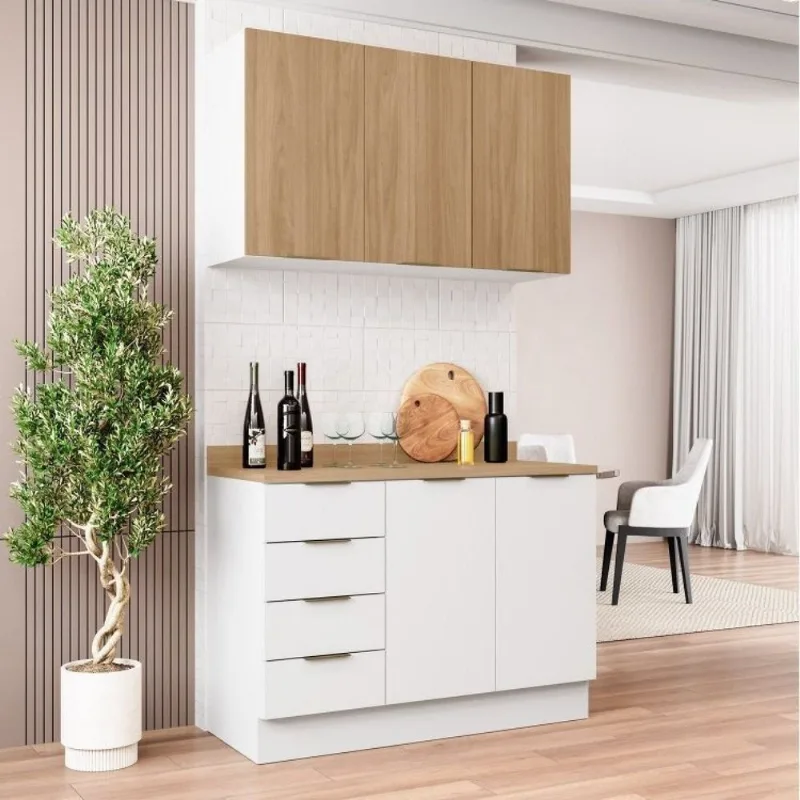 Cozinha Planejada 2 Peças com Tampo 1 Aéreo 3 Portas e 1 Balcão Pia Ipanema CabeCasa MadeiraOrigi Branco/Acácia