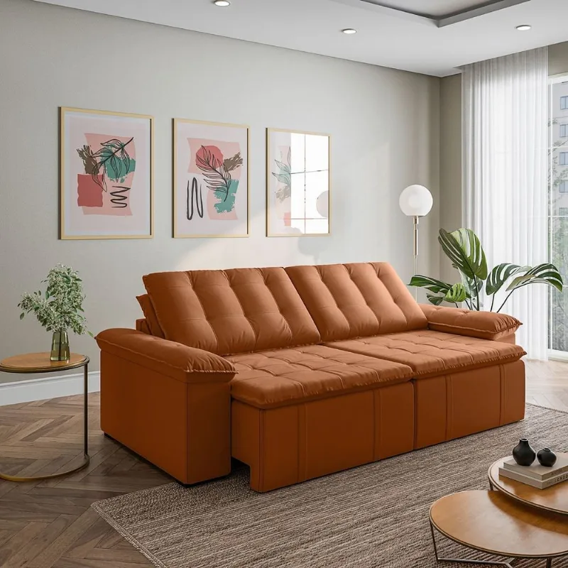 Sofá Cama Retrátil e Reclinável 4 Lugares 280cm Veludo com Molas Palmeira CabeCasa MadeiraOriginals Terracota