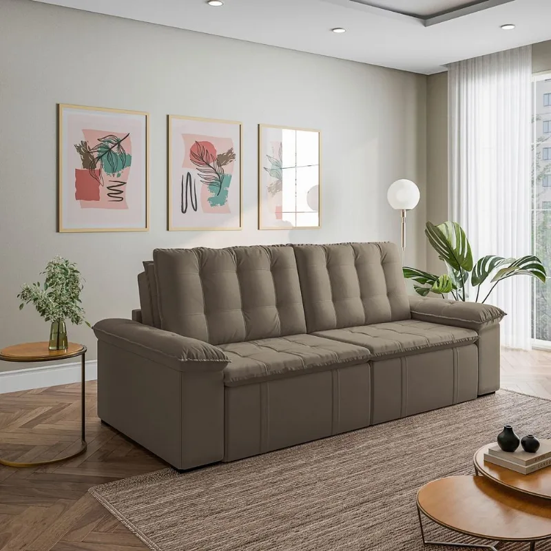 Sofá Cama Retrátil e Reclinável 4 Lugares Veludo Castor Palmeira 280cm CabeCasa MadeiraOriginals Castor