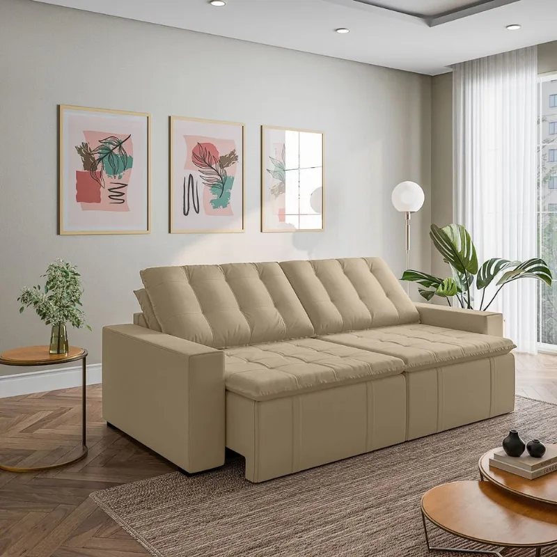 Sofá Cama Retrátil e Reclinável 4 Lugares 280cm em Veludo Palmeira CabeCasa MadeiraOriginals Bege Bege