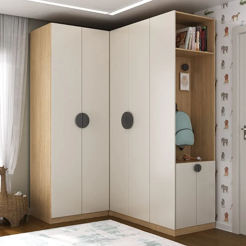 Guarda Roupa Planejado Infantil de Canto 6 Portas 2 Gavetas Joy Kids CabeCasa MadeiraOriginals Cinza/Avena Cinza/Avena