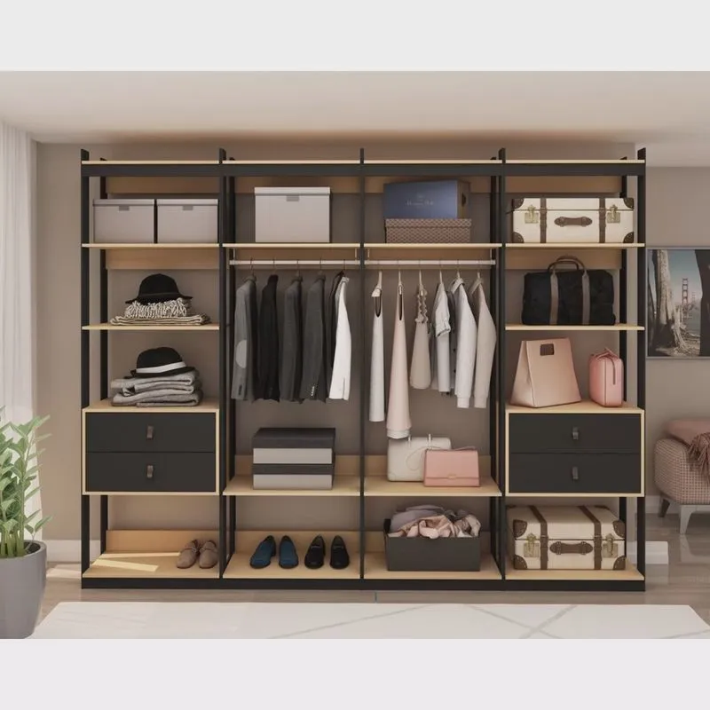 Guarda Roupa Closet 4 Modulos, 4 Gavetas, 2 Cabideiros Estilo Industrial