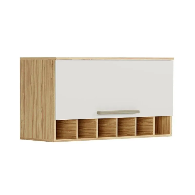 Armário Aéreo De Cozinha 80cm Com 1 Porta Basculante E Mini Adega 100% Mdf Itália Amêndoa/off White