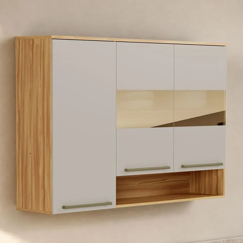 Armário Aéreo De Cozinha 120cm Com 3 Portas Vidro Reflecta E Nicho 100% Mdf Itália Amêndoa/off White