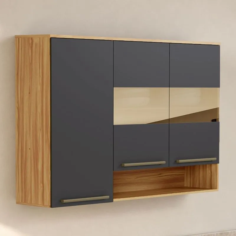 Armário Aéreo De Cozinha 120cm Com 3 Portas Vidro Reflecta E Nicho 100% Mdf Itália Amêndoa/cinza