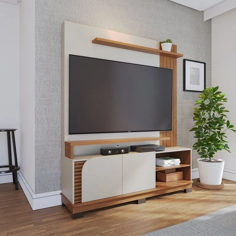 Estante Home Theater 2 Portas Jurerê 1500 Off White Matte / Freijó