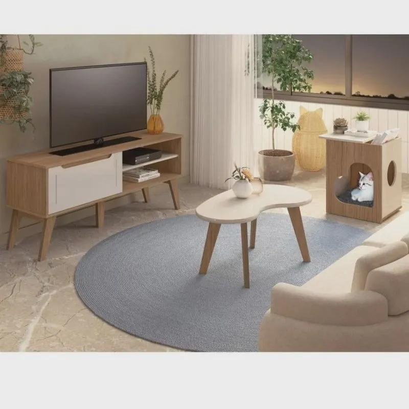Conjunto Sala de Estar Rack para Tv até 47 Pol Lotus com Mesa de Centro e Mesa de Apoio para Pet