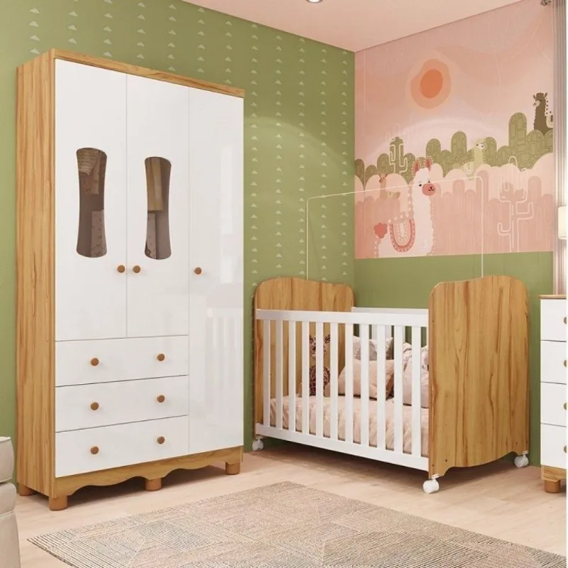 Quarto de Bebê Guarda-Roupa 3 Portas e Berço 100% MDF Lana Espresso Móveis Branco Brilho/Amêndoa Branco Brilho/Amêndoa