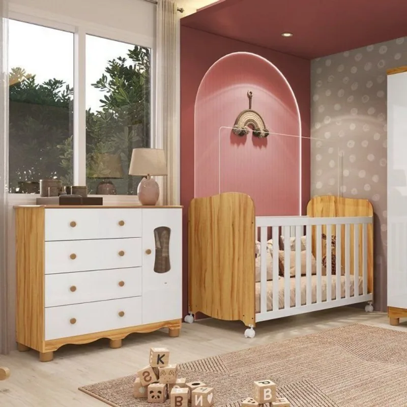 Quarto de Bebê Berço com Rodízios Cômoda 1 Porta 100% MDF Lana Espresso Móveis Branco/Amêndoa Branco Brilho/Amêndoa