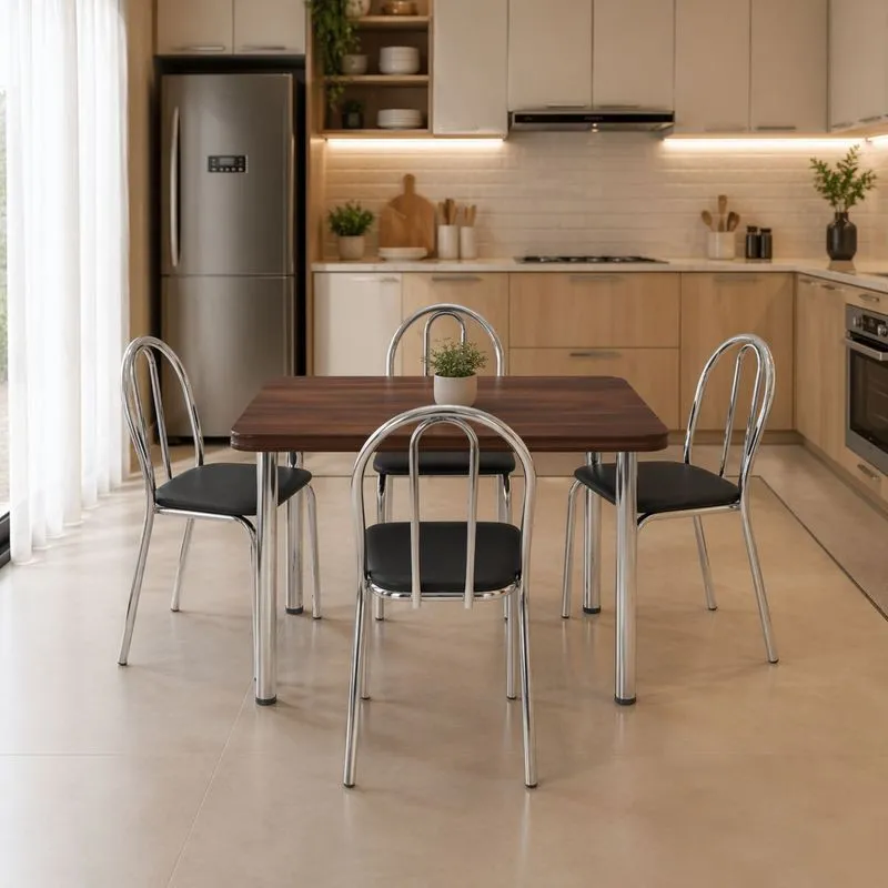 Conjunto Sala De Jantar Mesa Com 4 Cadeiras Cromado/nogueira/preto