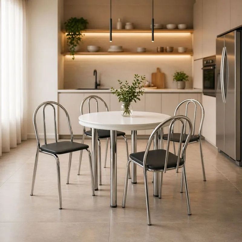Conjunto Sala De Jantar Mesa Com 4 Cadeiras Cromado/branco/preto