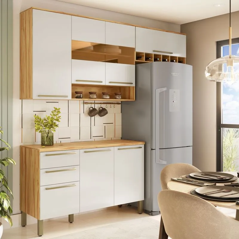 Cozinha Modulada Compacta 3 Peças 7 Portas 2 Gavetas Com Tampo E Vidro Reflecta 100% Mdf Itália Espr Amêndoa/off White