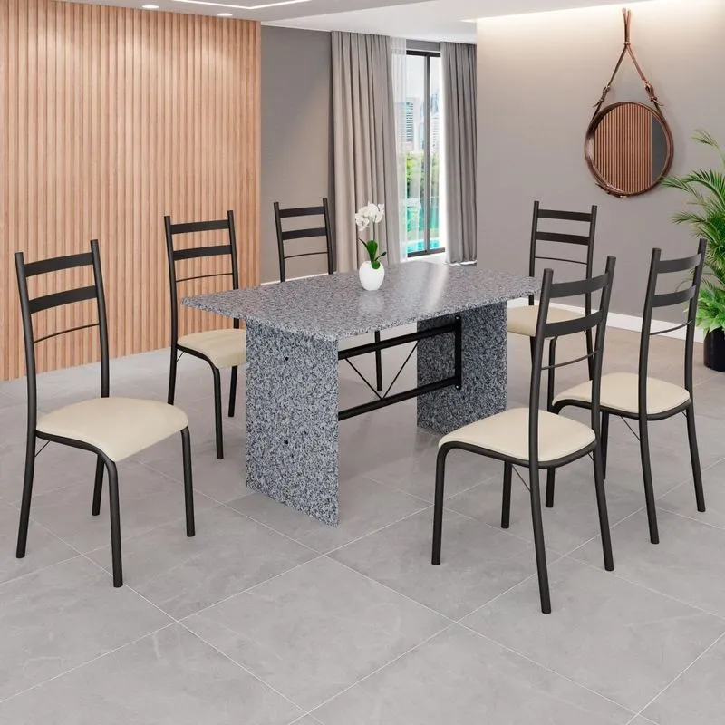 Conjunto Sala De Jantar Mesa Retangular 140x75cm Tampo Granito Ocre 6 Cadeiras Marselha Creme / Preto Fosco