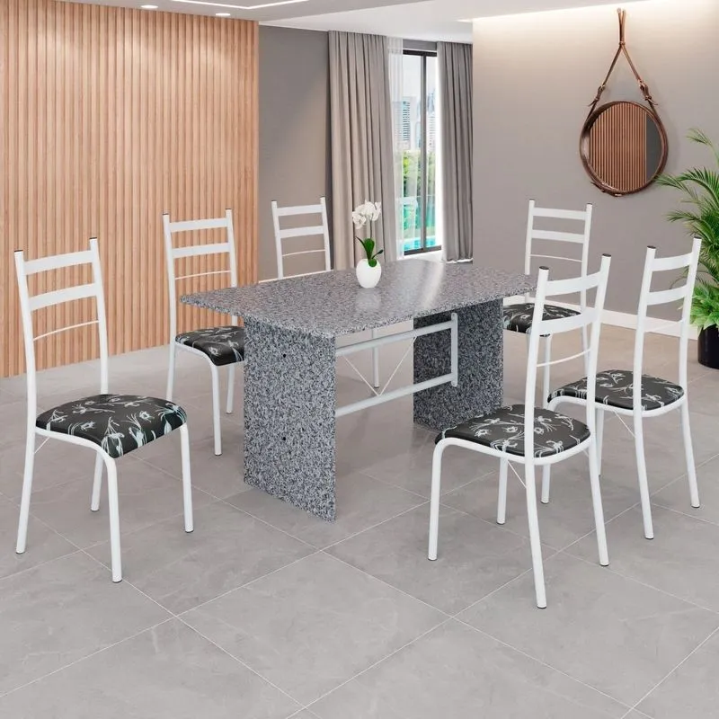 Conjunto Sala De Jantar Mesa Retangular 140x75cm Tampo Granito Ocre 6 Cadeiras Marselha Preto Floral / Branco