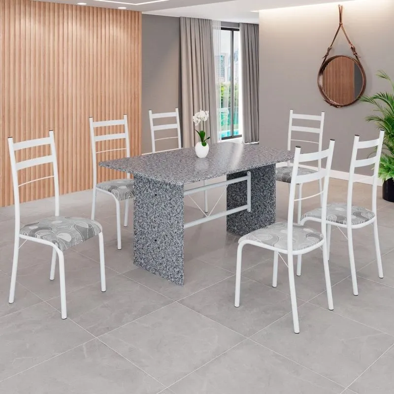 Conjunto Sala De Jantar Mesa Retangular 140x75cm Tampo Granito Ocre 6 Cadeiras Marselha Paraopeba / Branco