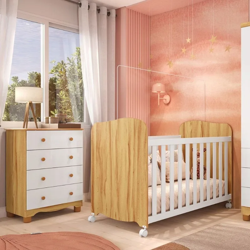 Quarto de Bebê Cômoda 4 Gavetas e Berço Mimo MDF Espresso Móveis Branco Brilho/Amêndoa Branco Brilho/Amêndoa
