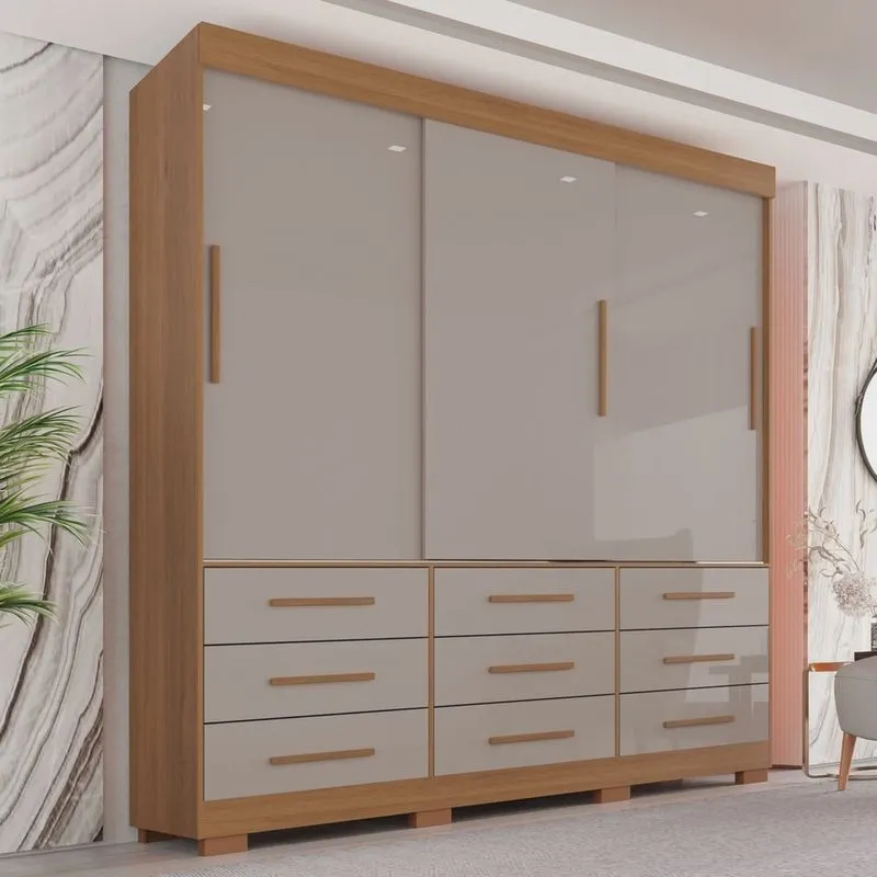 Guarda-roupa com Pés Casal 3 Portas 9 Gavetas Luana