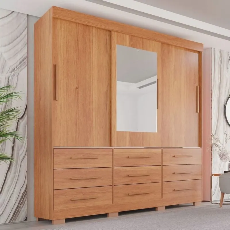 Guarda-roupa com Pés e Espelho Casal 3 Portas 9 Gavetas Luana