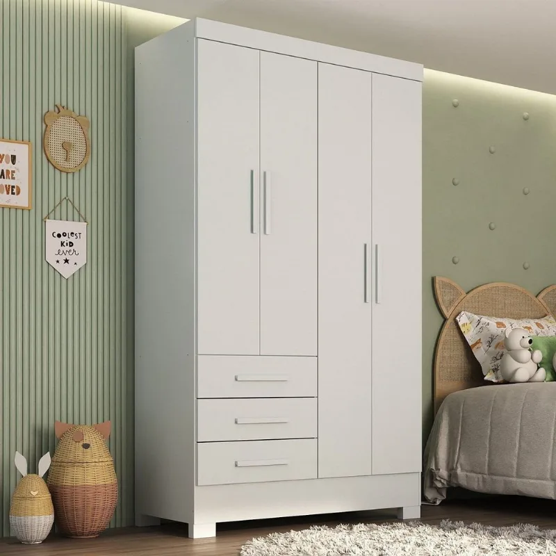 Guarda Roupa Infantil 4 Portas 3 Gavetas Kit Cat Espresso Móveis Branco