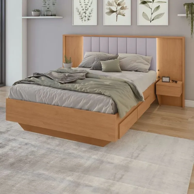 Cama Casal 140cm com Usb, Usb-c 2 Mesa de Cabeceiras Solaris