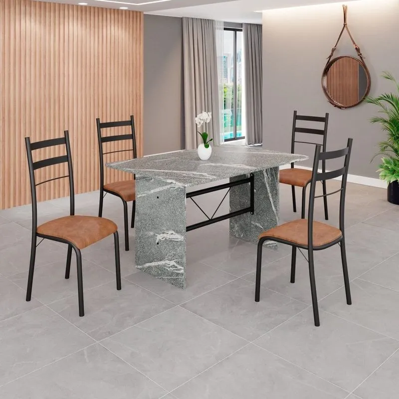 Conjunto Sala De Jantar Mesa Retangular 120x75cm Tampo Granito Topázio 4 Cadeiras Marselha C. Marrom / Preto Fosco