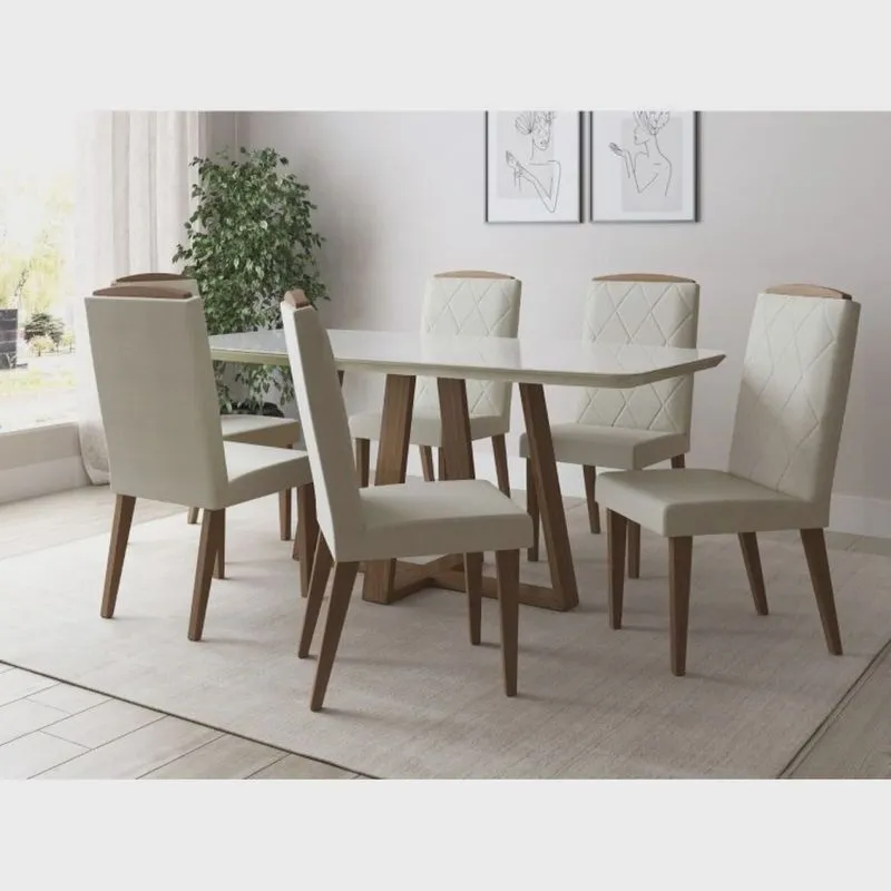 Conjunto Sala de Jantar Mesa Bennett 6 Cadeiras Daisy com Pés em Madeira Maciça