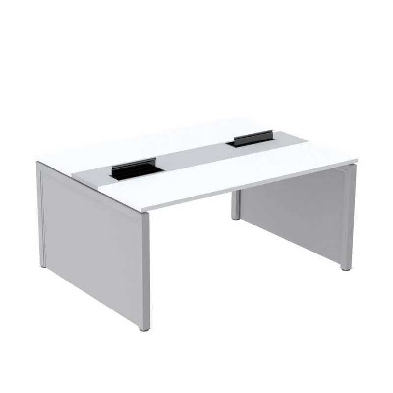 Estação De Trabalho Mesa Plataforma Escritório Dupla Para 2 Pessoas Com Caixa De Tomada Pé Painel Branco E Cinza Branco/iinza