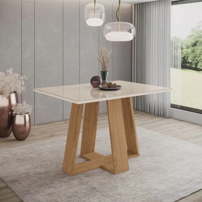 Mesa de Jantar para 4 Lugares 120cm Tampo Mdf e Vidro Canto Reto Lins