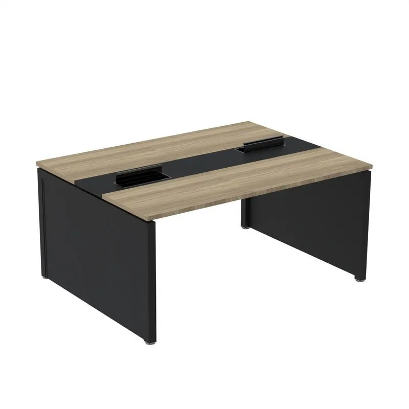 Estação De Trabalho Mesa Plataforma Escritório Dupla Para 2 Pessoas Com Caixa De Tomada Pé Painel Marrom E Preto Noce Naturalle/preto