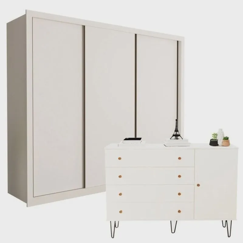 Conjunto Guarda Roupa Casal Premium 242cm 3 Portas e Cômoda 129,5cm 1 Porta 4 Gavetas Minastex
