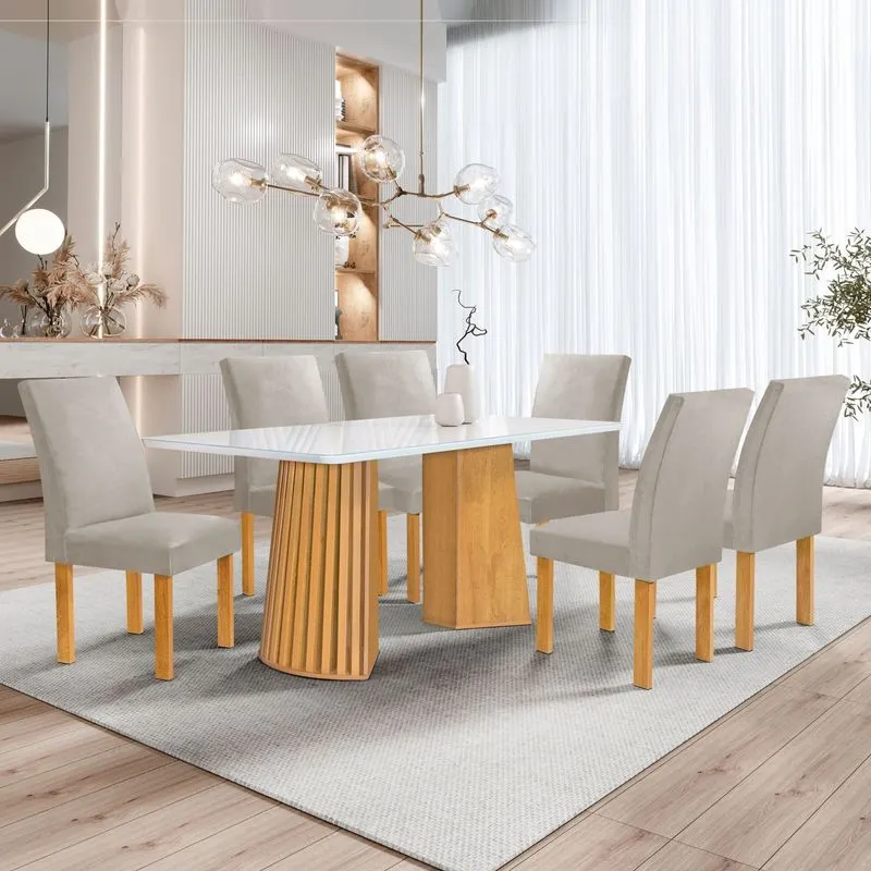 Conjunto Mesa Stella Ripada 170cm Com 6 Cadeiras Canela Tampo Smart Plus Com Vidro Cinamomo/off White/veludo Bege