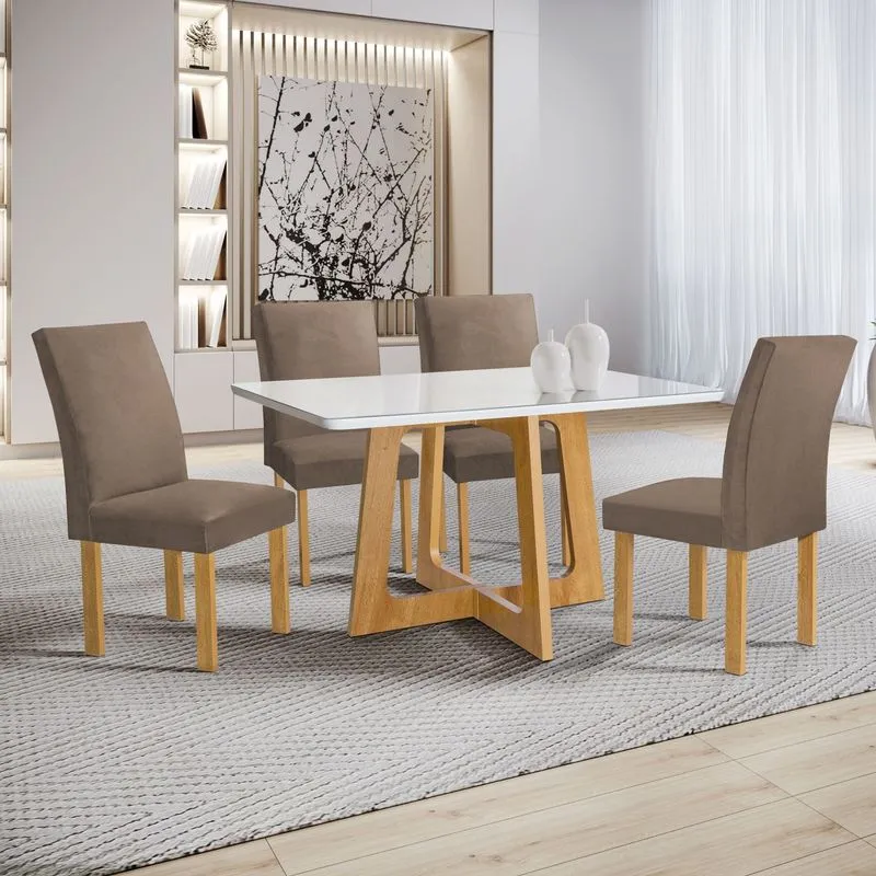 Conjunto Mesa Arizona 120cm Com 4 Cadeiras Canela Tampo Smart Plus Com Vidro Cinamomo/off White/bege Escuro