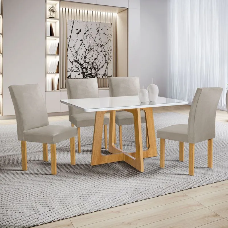 Conjunto Mesa Arizona 120cm Com 4 Cadeiras Canela Tampo Smart Plus Com Vidro Cinamomo/off White/bege Claro