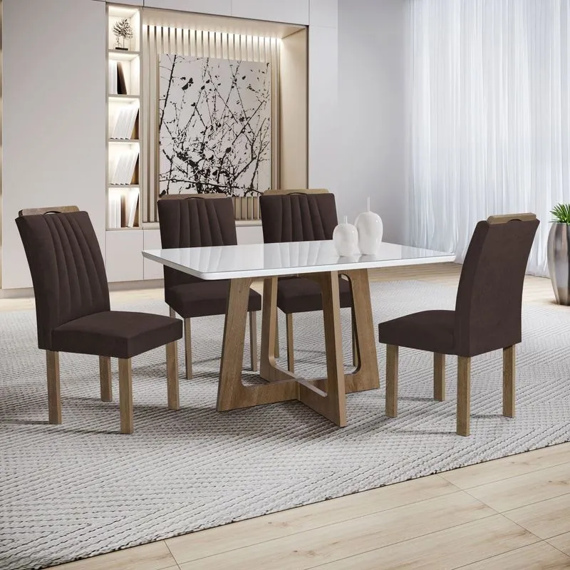 Conjunto Mesa Arizona 120cm Com 4 Cadeiras Arizona Tampo Smart Plus Com Vidro Chocolate/off White/marrom